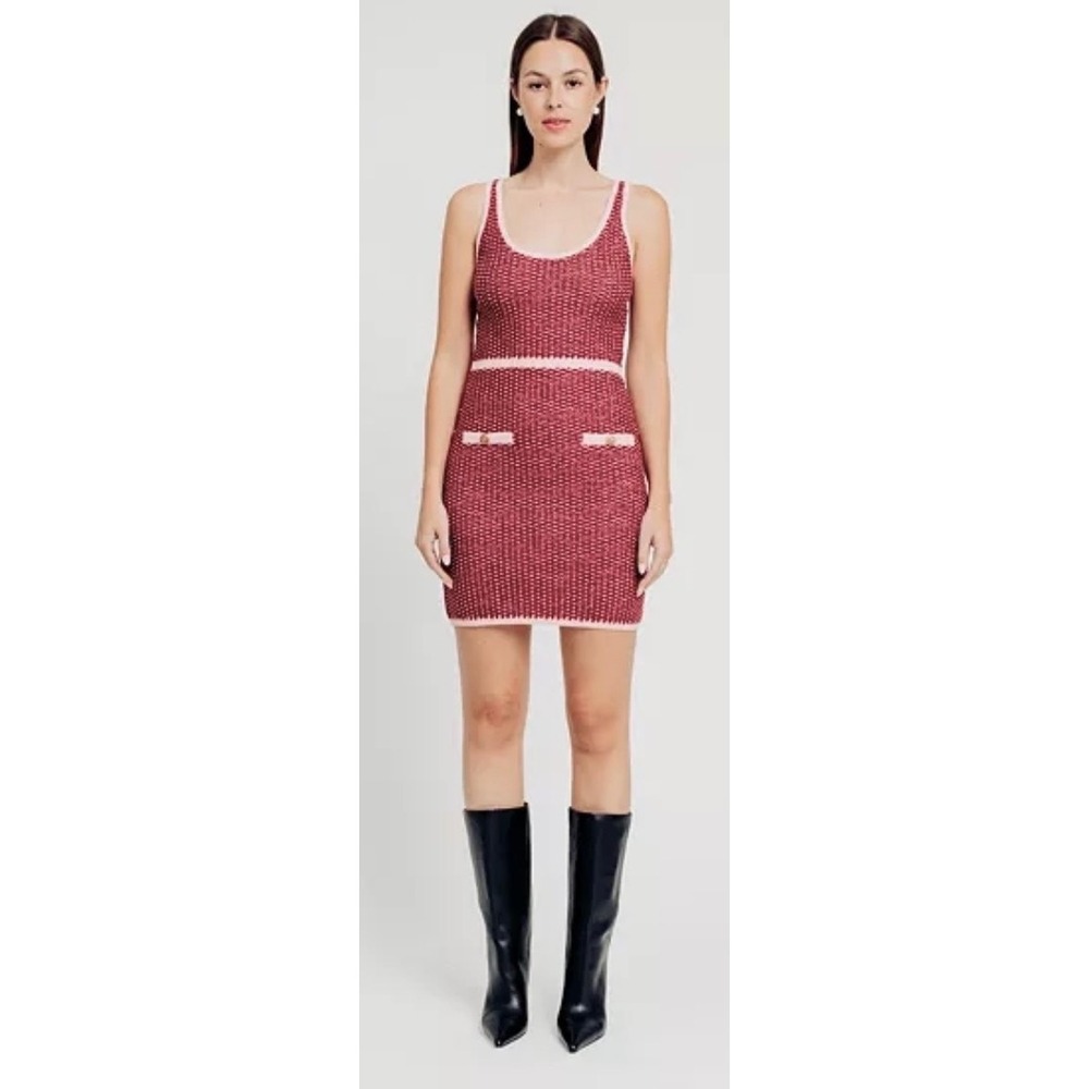 AQUA Tweed Knit Mini Dress Burgundy Pink Gold‎ Button Scoop Neck Small NEW